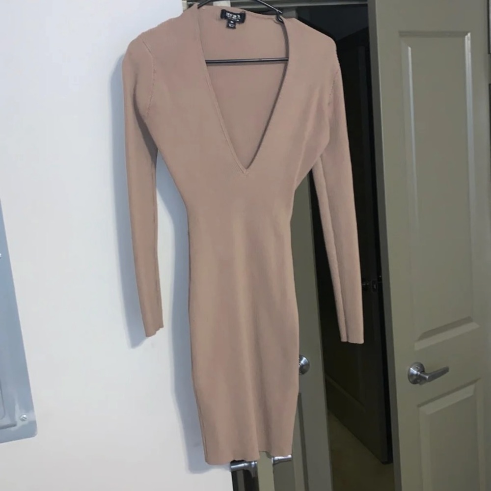 Long Sleeve Plunge Tan Knee Length Dress